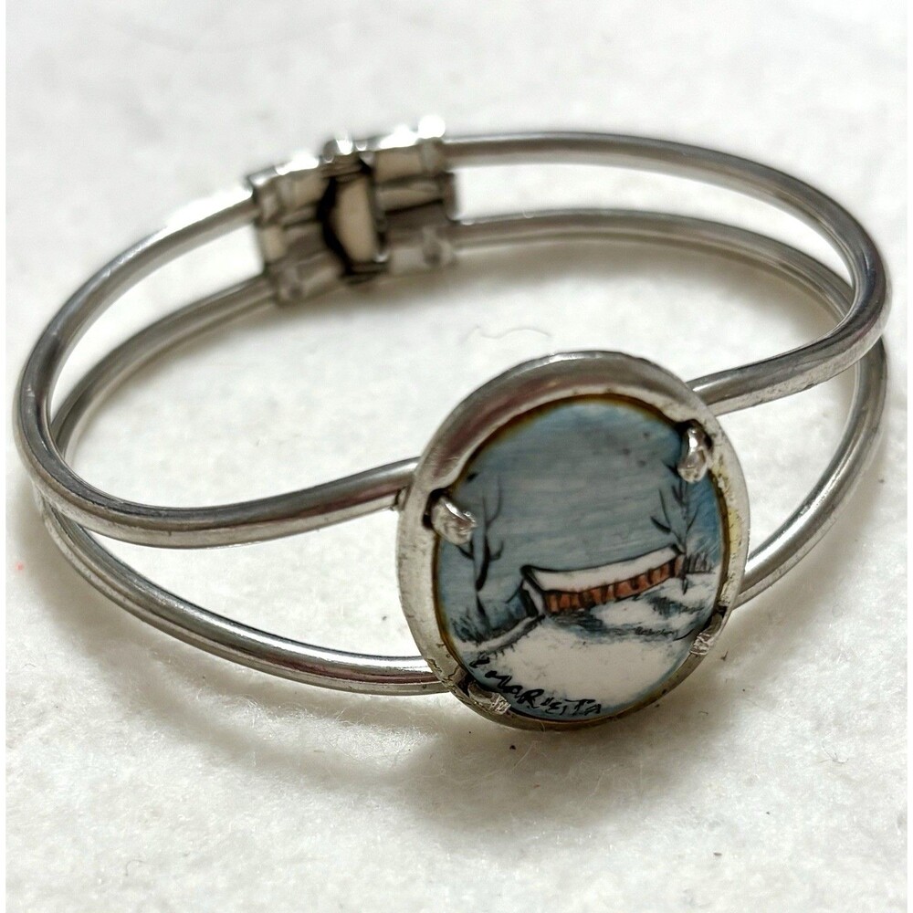 Vintage Signed Hand Painted Porcelain Winter Covered Bridge Bangle Bracelet